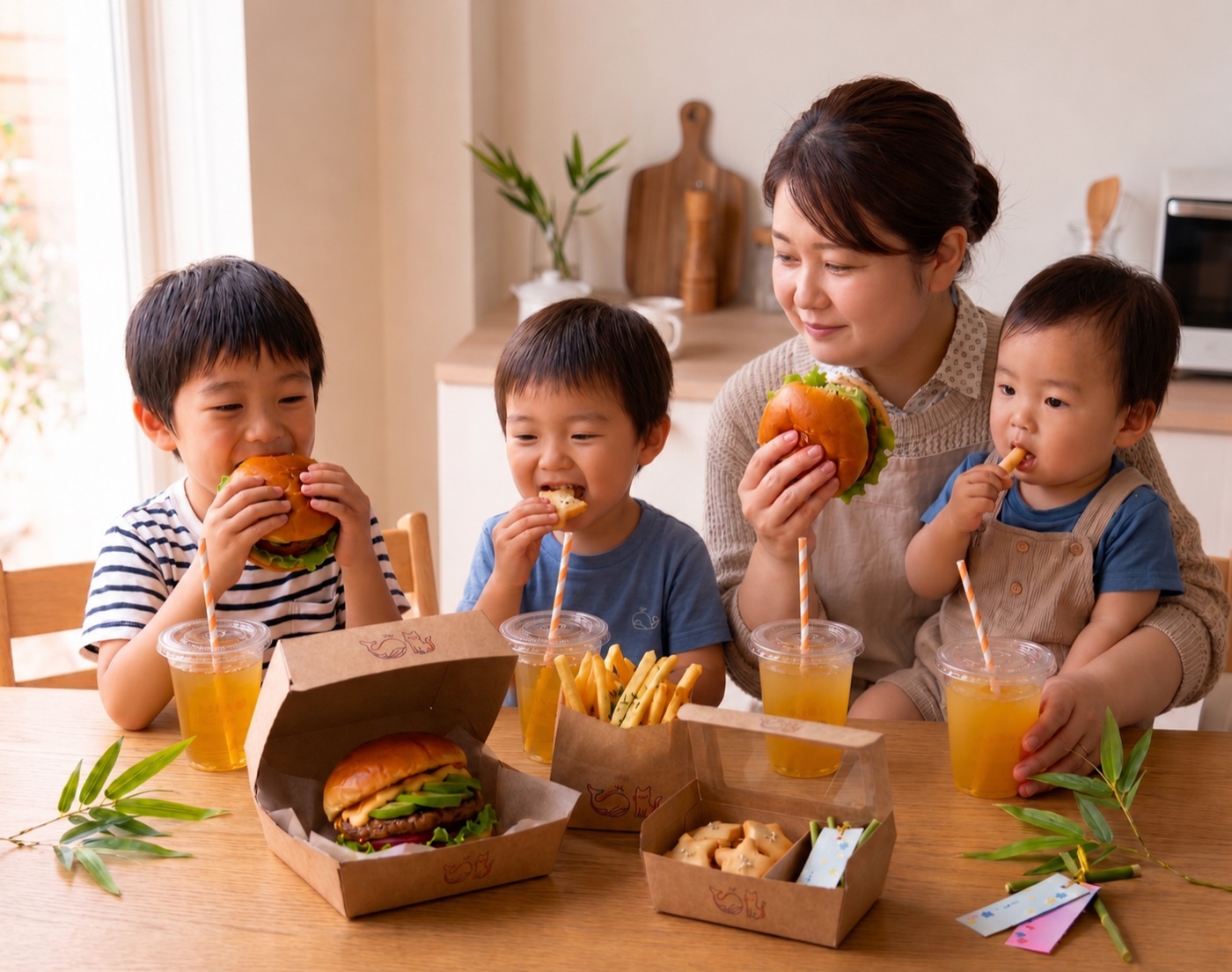 スターライトバーガーを笑顔で食べる家族